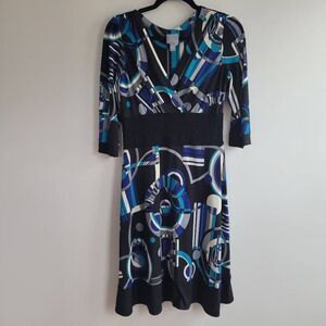 Vintage y2k geometric print blue v neck dress artsy unique‎ 2000s office